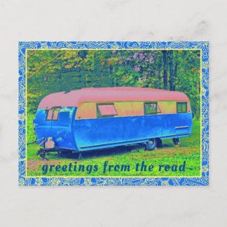 Retro Camping Trailer med Vintage Blommigt Ram Vykort