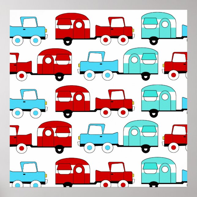 Retro Camping Trailer Turquoise Red Vintage Cars Poster (Framsidan)