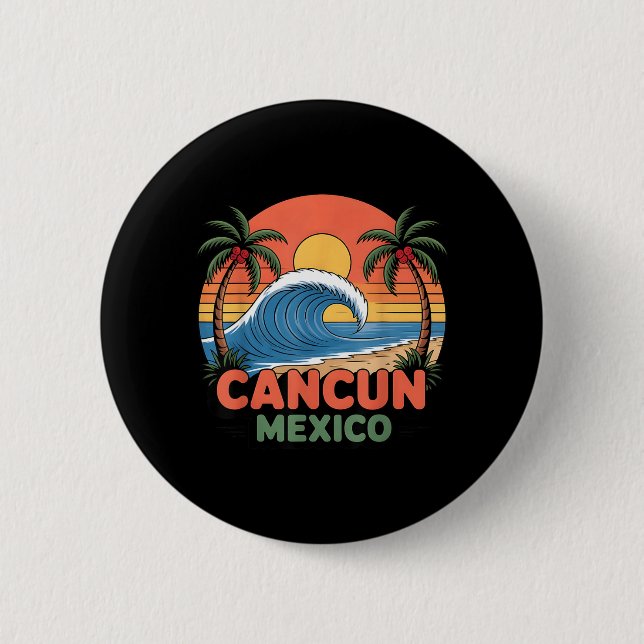 Retro Cancun Mexiko Solnedgång Palmträd Strand Som Knapp (Framsida)