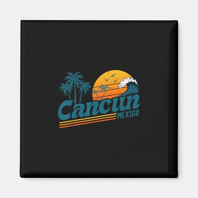 Retro Cancun Mexiko Solnedgång Palmträd Strand Som Magnet (Framsidan)