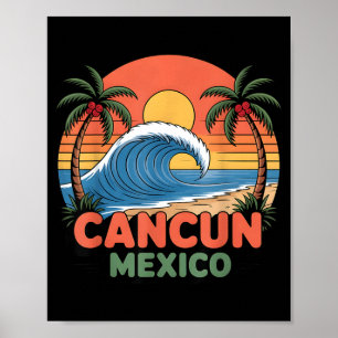 Retro Cancun Mexiko Solnedgång Palmträd Strand Som Poster