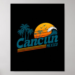 Retro Cancun Mexiko Solnedgång Palmträd Strand Som Poster