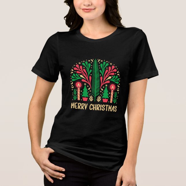 Retro Candle and Tree Holiday Art T Shirt (Framsida)