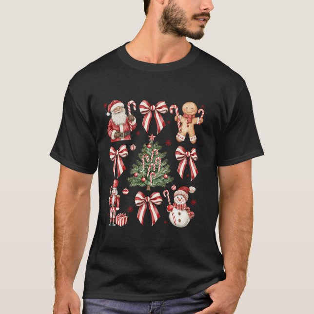 Retro Candy cane Coquette Bow jul Girly Wome T Shirt (Framsida)