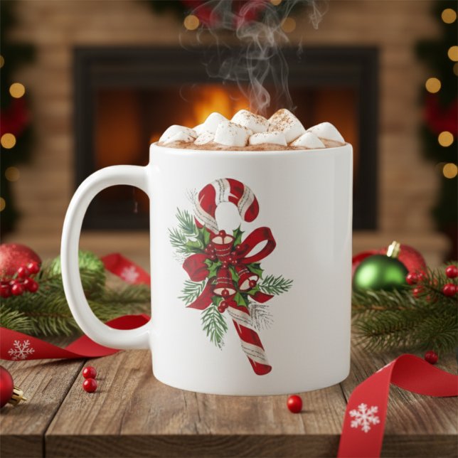Retro Candy cane med Klockor och Bow-jul Kaffemugg (Retro Candy Cane with Bells and Bow Christmas Coffee Mug)