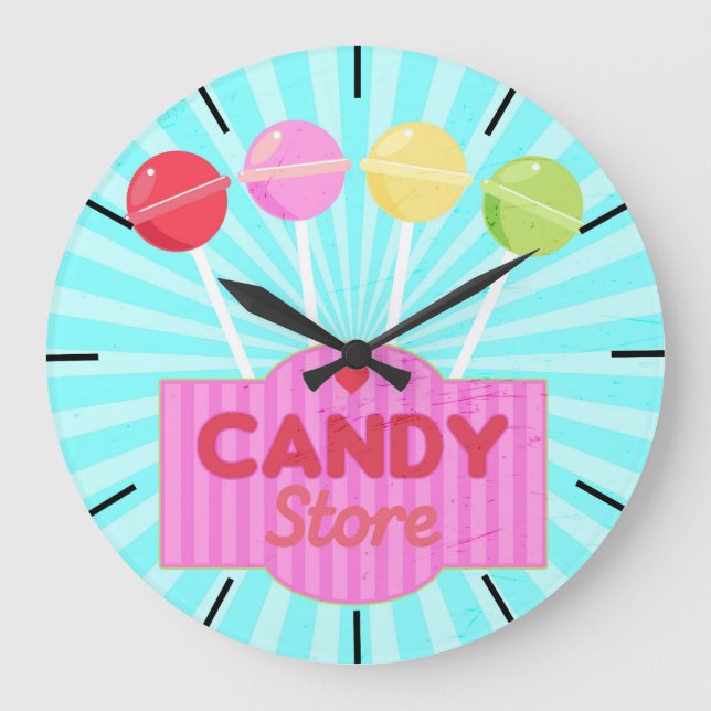 Retro Candy Store Pastel Färgad Lollipos Design Stor Klocka (Framsida)