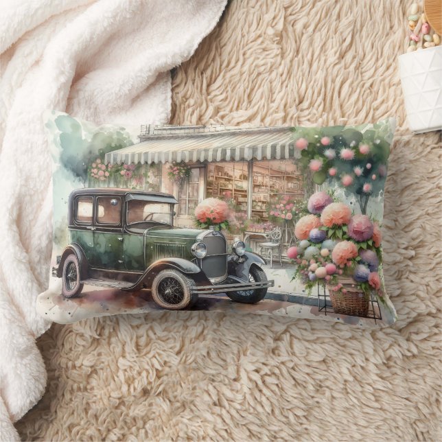 Retro Car & Blooming Boutique Scene Lumbarkudde (Filt)