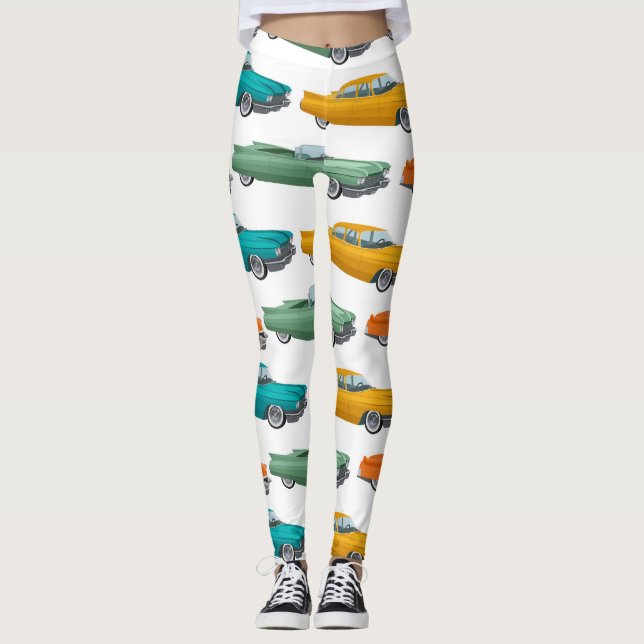Retro Car Fifties Stil Mönster Leggings (Framsida)