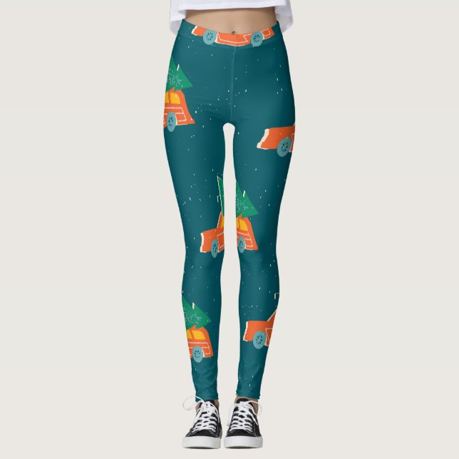 Retro Car Julgran Mönster Leggings (Framsida)