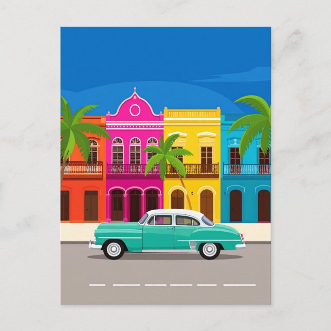 Retro Car och Colorful Colonial Byggnad Cuba Vykort (Framsida)