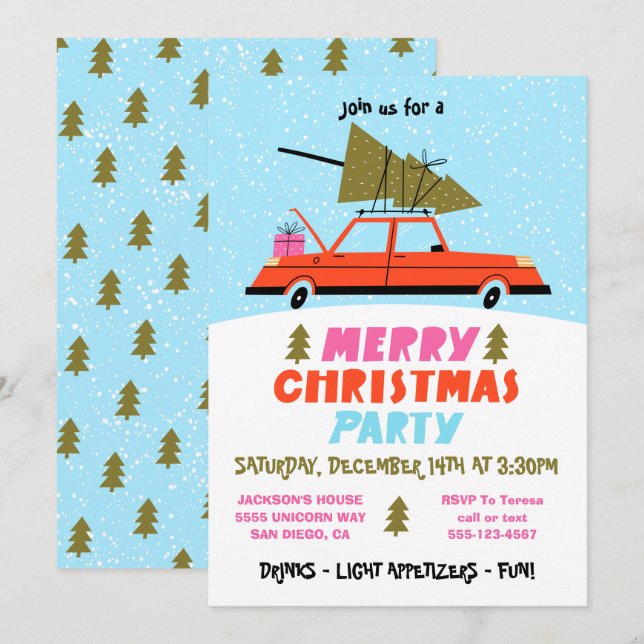 Retro Car och Träd jul Party Inbjudningar (Fram/baksida)
