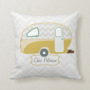 Retro Caravan Mustard Grönt och Grått Chevron Kudde