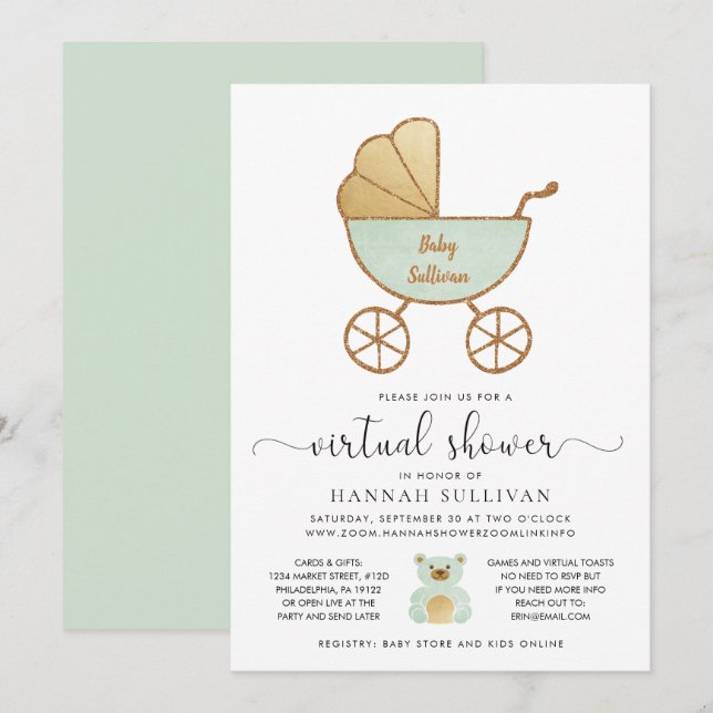 Retro Carriage Mint Guld Virtuell Baby Shower Inbjudningar (Fram/baksida)