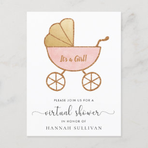 Retro Carriage Rosa Guld Virtuella Flicka Shower Inbjudan Vykort