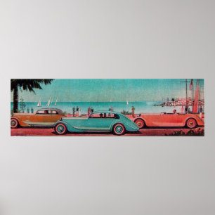 RETRO CARS, blå grönt rosa röd Poster
