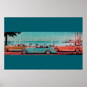 RETRO CARS, blå grönt rosa röd Poster