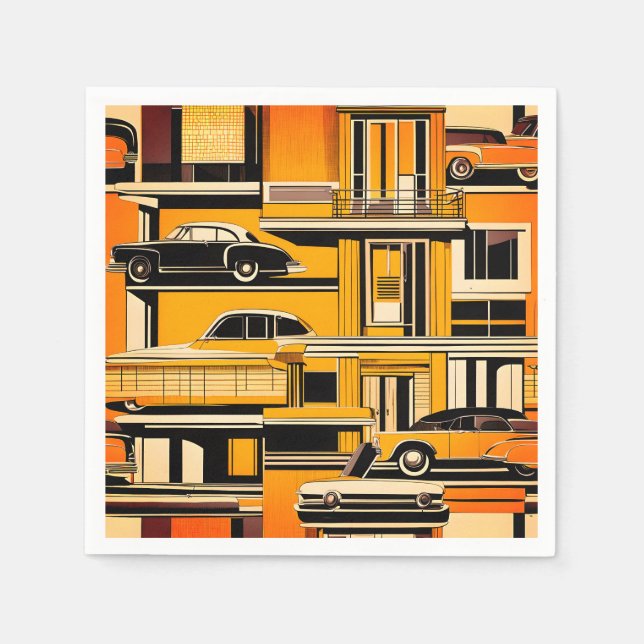 Retro Cars Geometric Mustard Mid Century Pappersservett (Framsidan)