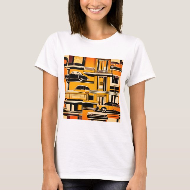 Retro Cars Geometric Mustard Mid Century T Shirt (Framsida)