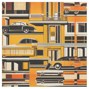 Retro Cars Geometric Mustard Mid Century Tyg