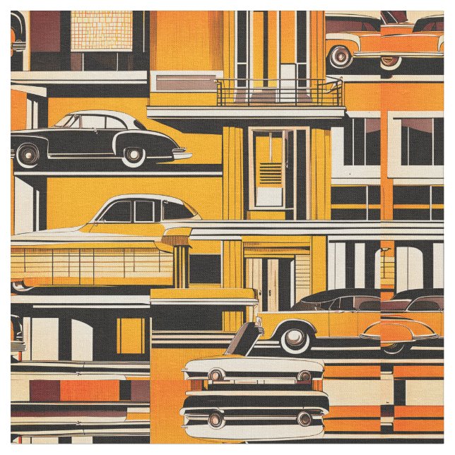 Retro Cars Geometric Mustard Mid Century Tyg (Närbild)