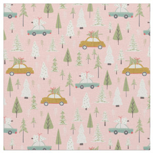 Retro Cars Rosa jul Woodland Träd Tyg
