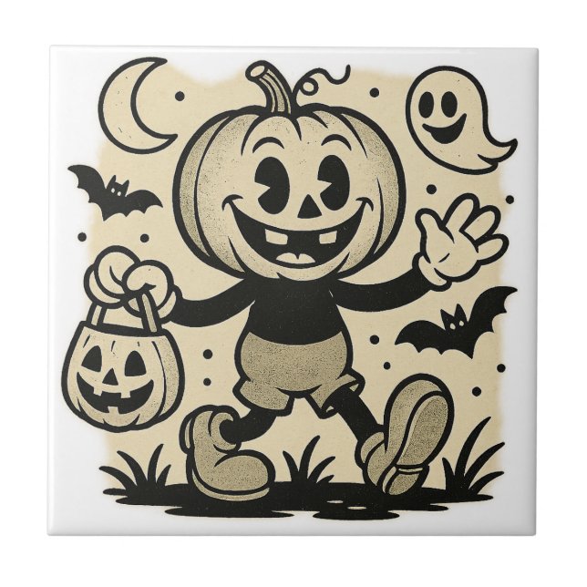 Retro cartoon-inspired pumpkin Halloween tile Kakelplatta (Framsidan)