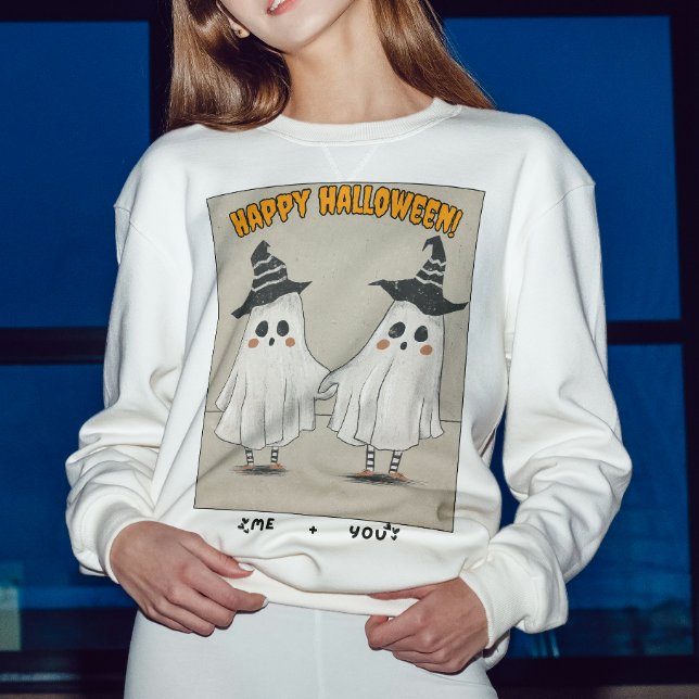 Retro Cartoonish Halloween Ghost för Par T Shirt (Skapare uppladdad)