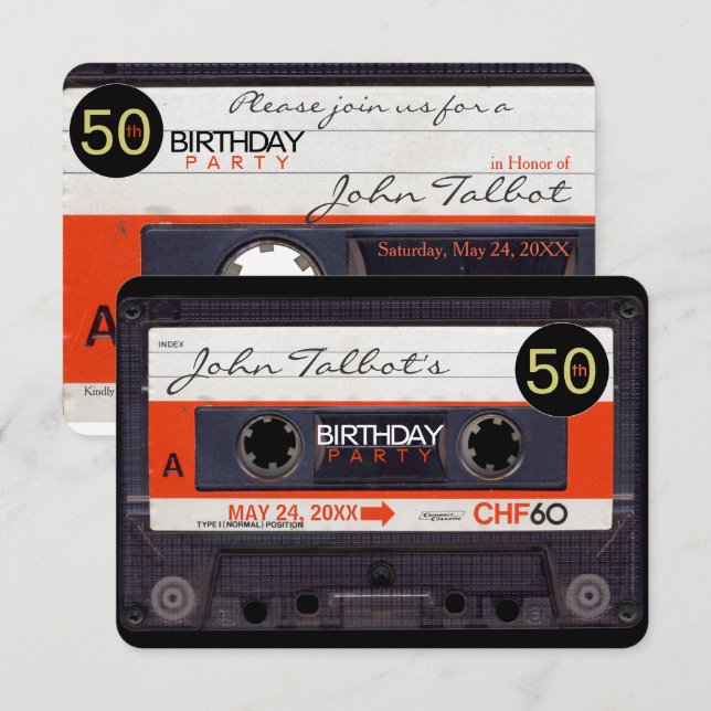 Retro Cassette-band S 50:e födelsedagsfest Inv Inbjudningar (Fram/baksida)