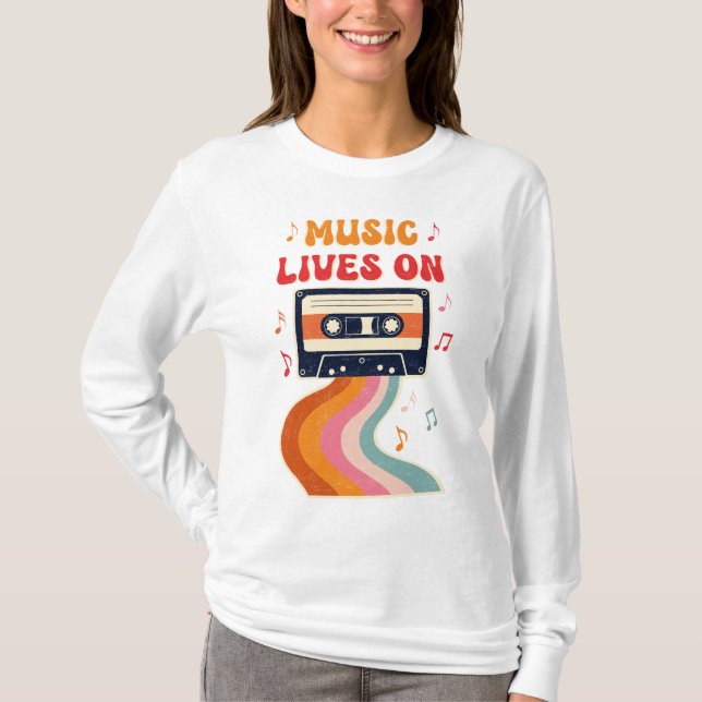 Retro Cassette-bandsändning - Musik lever på Vinta T Shirt (Framsida)