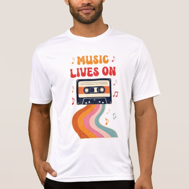 Retro Cassette-bandsändning - Musik lever på Vinta T Shirt (Framsida)