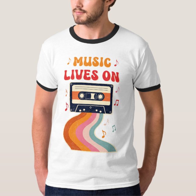 Retro Cassette-bandsändning - Musik lever på Vinta T Shirt (Framsida)