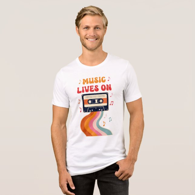 Retro Cassette-bandsändning - Musik lever på Vinta T Shirt (Framsida Full)