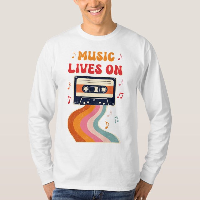 Retro Cassette-bandsändning - Musik lever på Vinta T Shirt (Framsida)