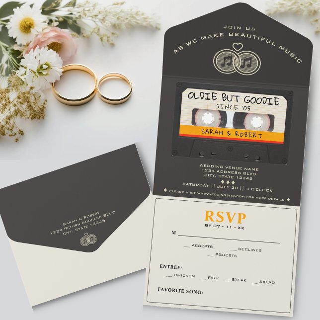 Retro Cassette Tape Oldie men Goodie Bröllop (Retro Cassette Tape Oldie But Goodie Wedding All In One Invitation)