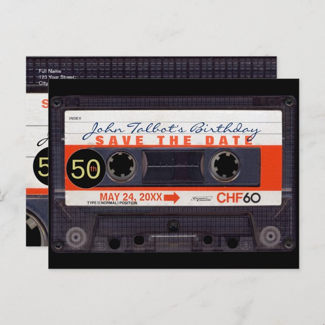 Retro Cassette Tape S 50-årsdag Spara datumet Inbjudan Vykort (Fram/baksida)