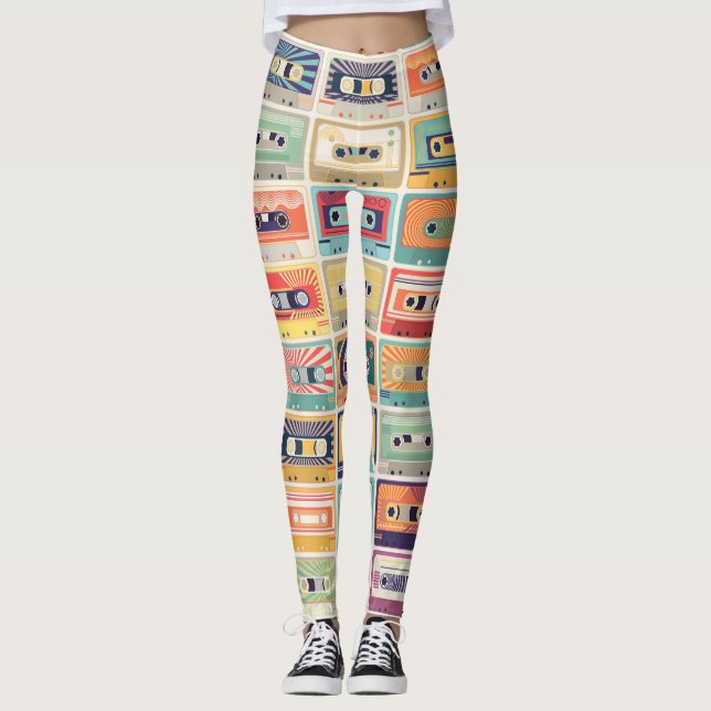 Retro Cassette Tapes Vintage Mönster. Leggings (Framsida)
