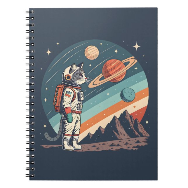 Retro Cat Astronaut Cosmic Space Illustration Anteckningsbok (Framsidan)