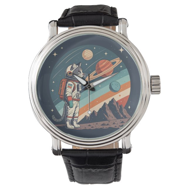 Retro Cat Astronaut Cosmic Space Illustration Armbandsur (Framsida)
