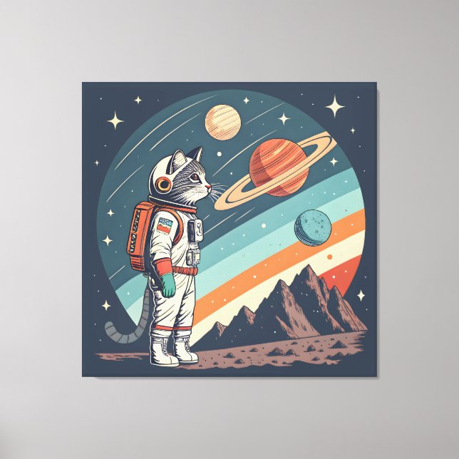 Retro Cat Astronaut Cosmic Space Illustration Canvastryck (Framsida)
