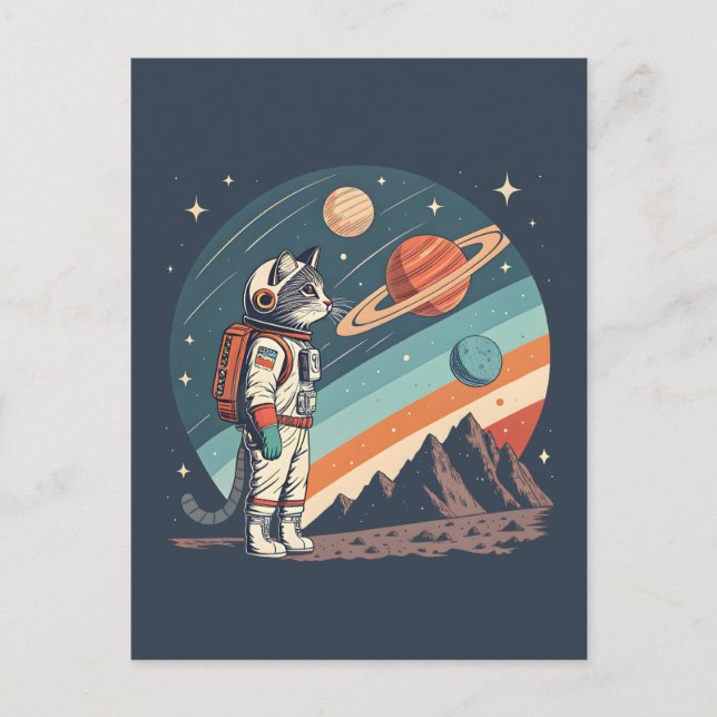 Retro Cat Astronaut Cosmic Space Illustration Helg Vykort (Framsida)
