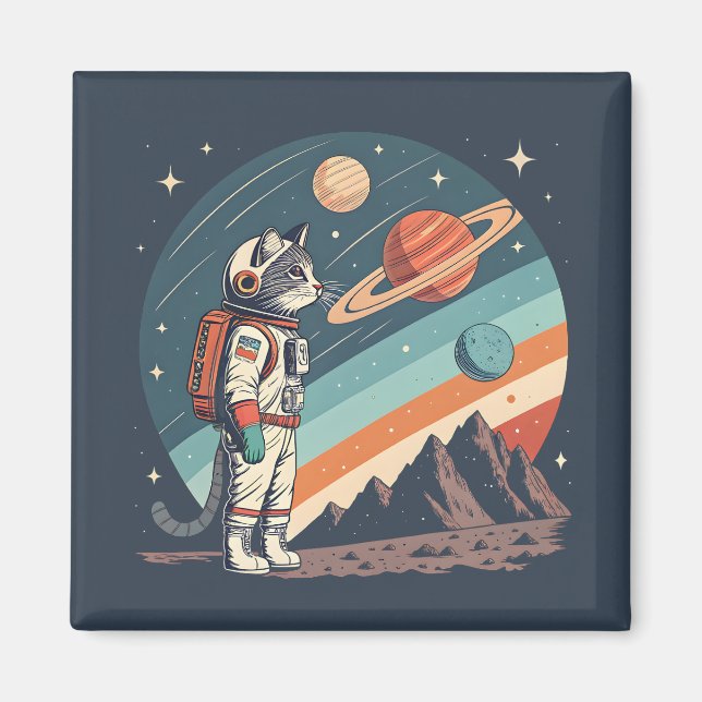 Retro Cat Astronaut Cosmic Space Illustration Magnet (Framsidan)