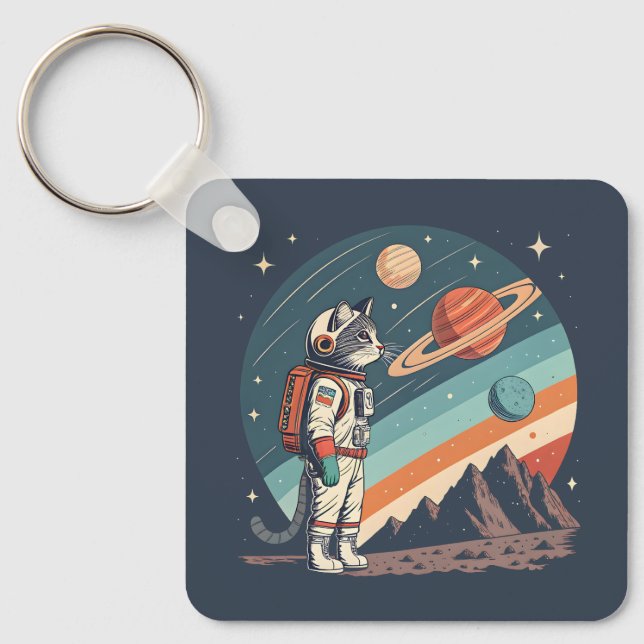 Retro Cat Astronaut Cosmic Space Illustration Nyckelring (Framsida)