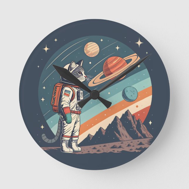 Retro Cat Astronaut Cosmic Space Illustration Rund Klocka (Framsida)