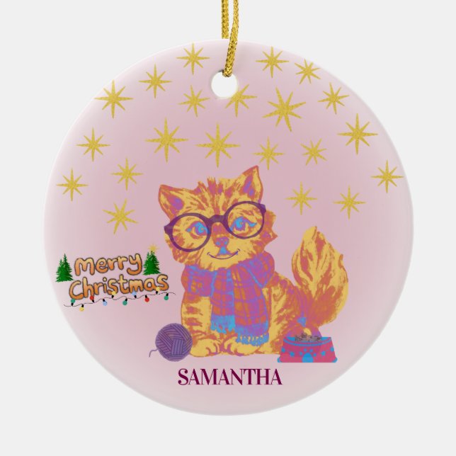 Retro Cat Ceramic Christmas Ornament (Framsidan)