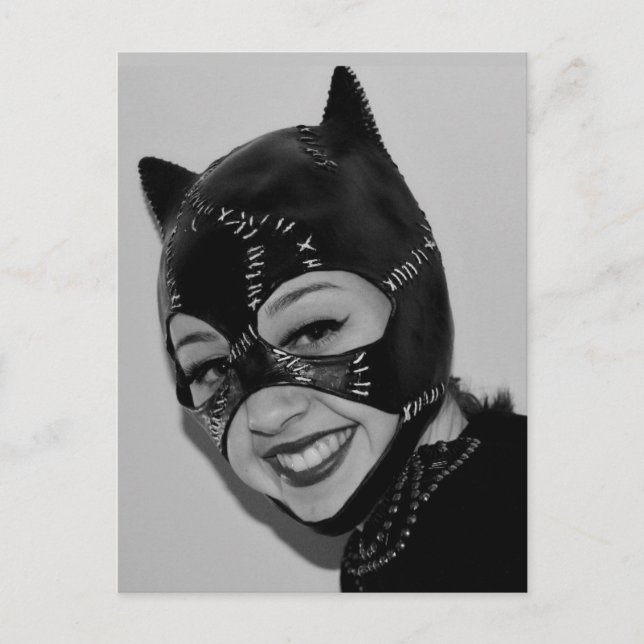 RETRO CAT DAM LEATHER MASK POSTCARD VYKORT (Framsida)