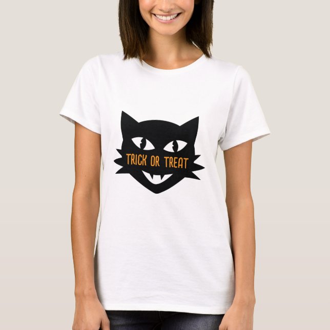 Retro Cat Halloween Bus eller godis T Shirt (Framsida)