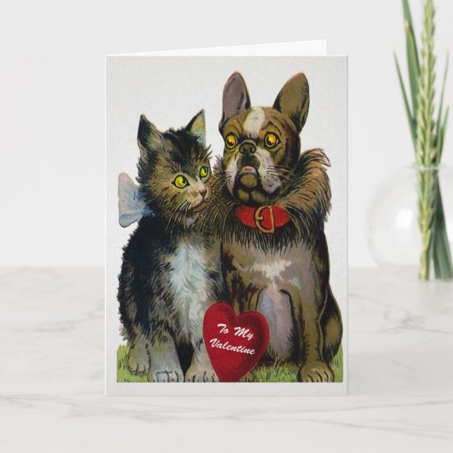 Retro Cat och Hund Valentine Day Card Helgkort (Framsida)