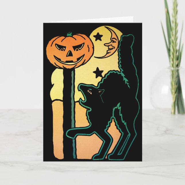 Retro Cat och Pumpkin Halloween Card Helgkort (Framsida)