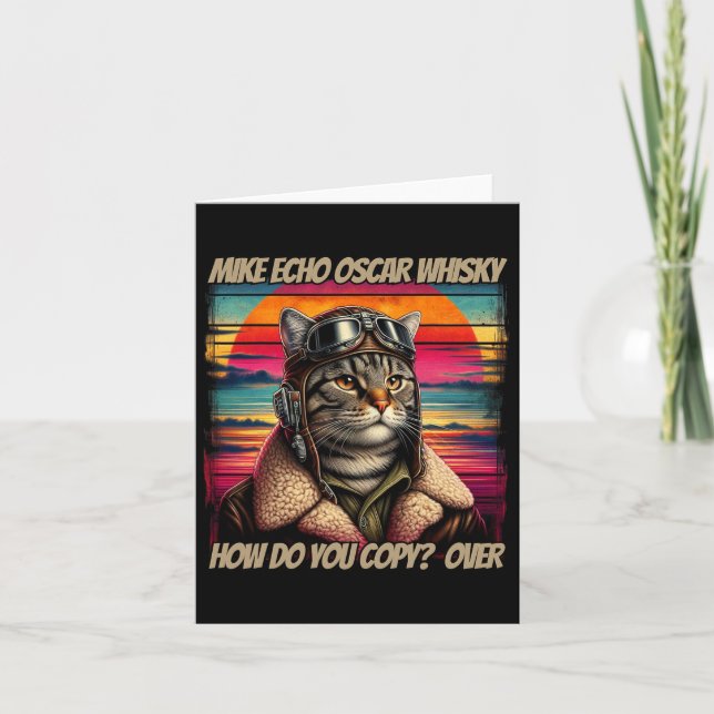 Retro Cat Pilot Mike Echo Oscar Whisky M.e.o.w Kort (Framsida)