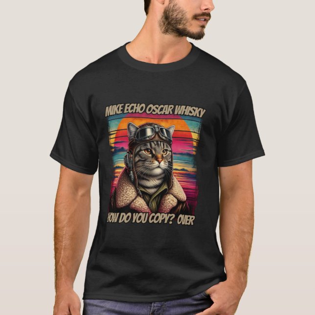 Retro Cat Pilot Mike Echo Oscar Whisky M O W T Shirt (Framsida)